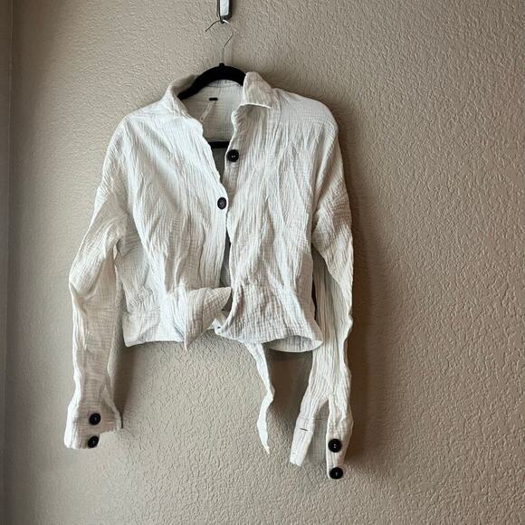 Free People Sunstreak Cropped Blouse XS Button Down Long Sleeve Tie Waist Gauze - Picture 2 of 5